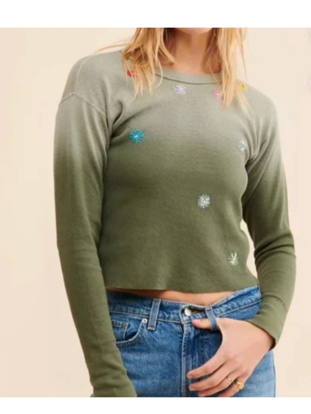 RILEY 1880 Embroidered Floral
Thermal Top Green Long Sleeve
 BOHO Y2K shirt S